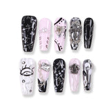 365Nails Sweet-Punk Press-On Nails in Black & Pink with Pearls, Chains and Metal Charms