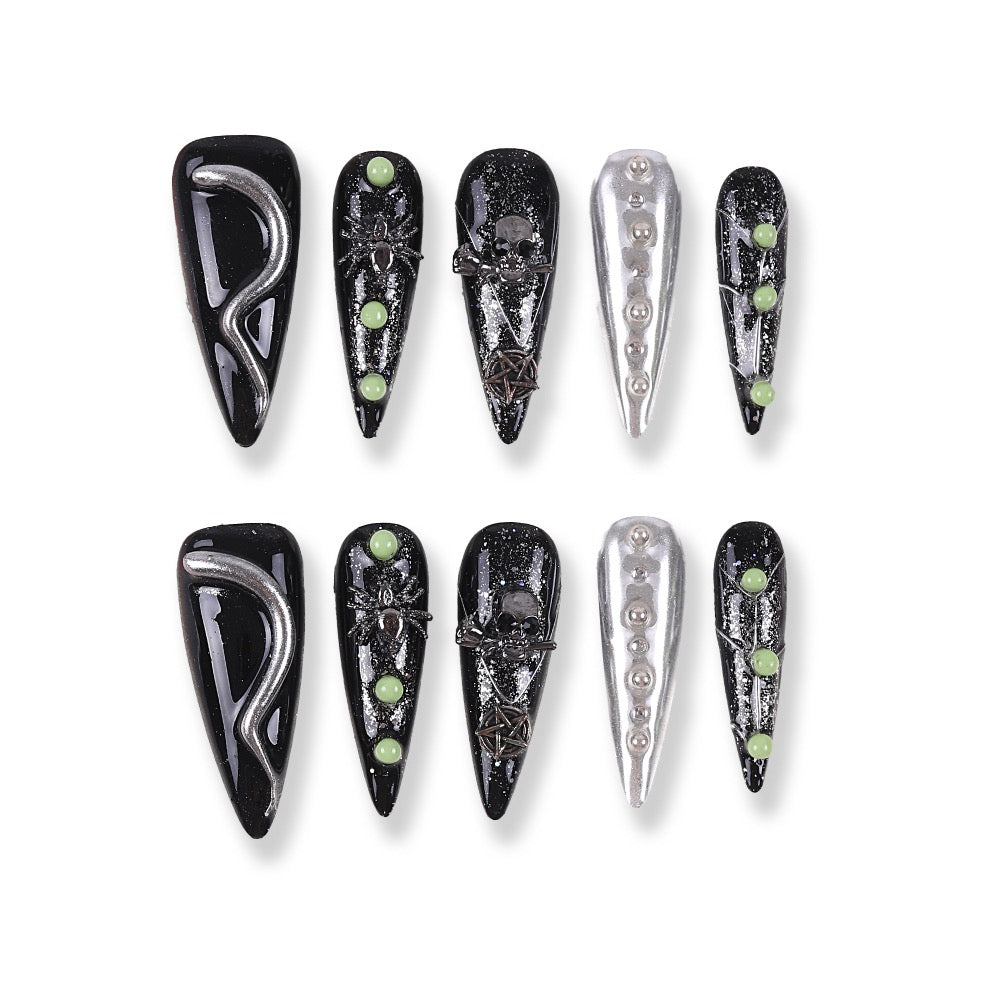 365Nails Halloween Noir Press-On Nails with Silver Snake Lines, Spiders & Skulls