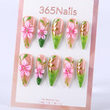 Pink Cherry Green Ivy·Hand-painted Flower Shadow Long Pointed Press On Nail