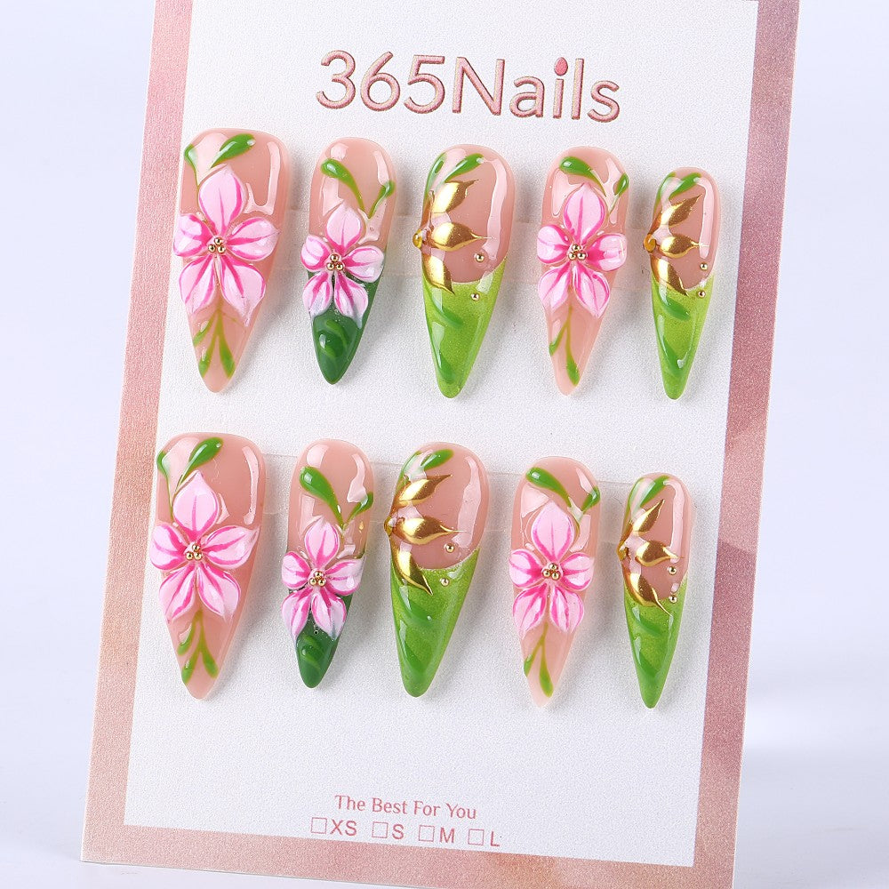 Pink Cherry Green Ivy·Hand-painted Flower Shadow Long Pointed Press On Nail