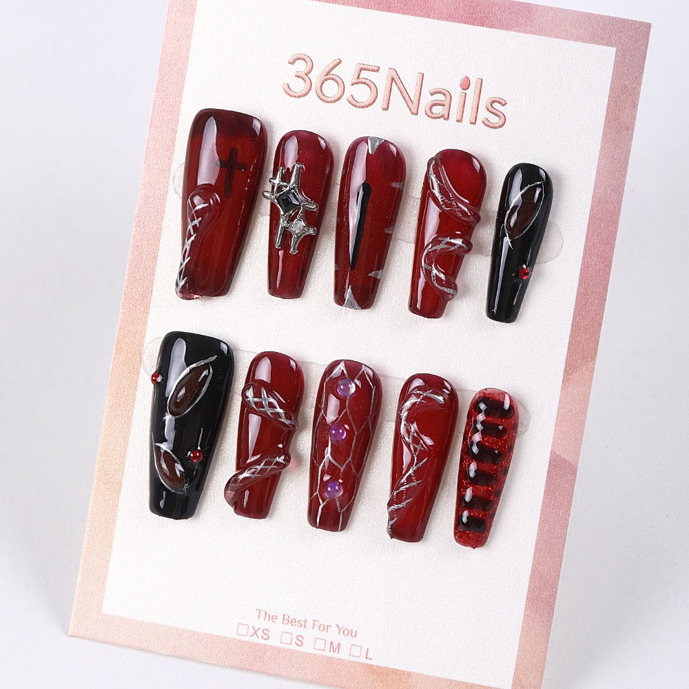 365Nails Crimson Night Press-On Nails with Jelly Burgundy, Chain Swirls and Onyx Contrast