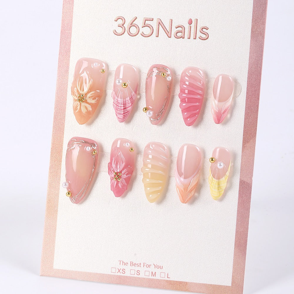 365nails sunset jelly florals & feather ombré with pearls press-ons