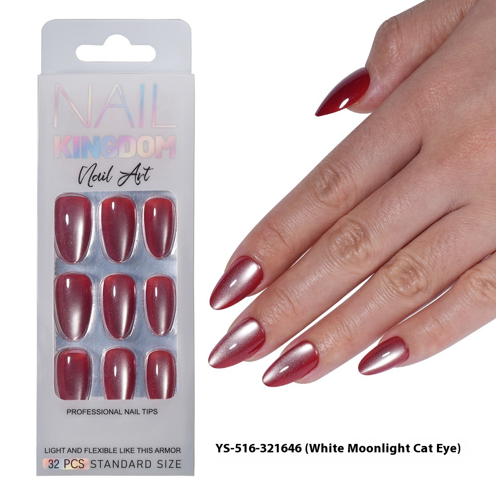 Nail Tips New press on nails Small Light Bulb Cat's Eye 32 Pieces Boxed Prefabricated Nail Pieces Removable Almond White Moonlight Patch Nail Art