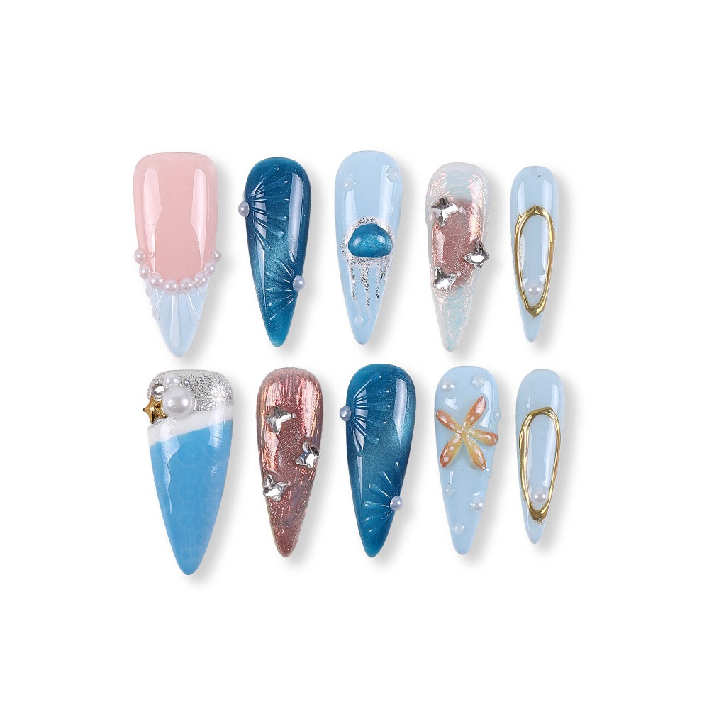 365Nails Sea Breeze Blue & Gold Shell French Press-On Nails