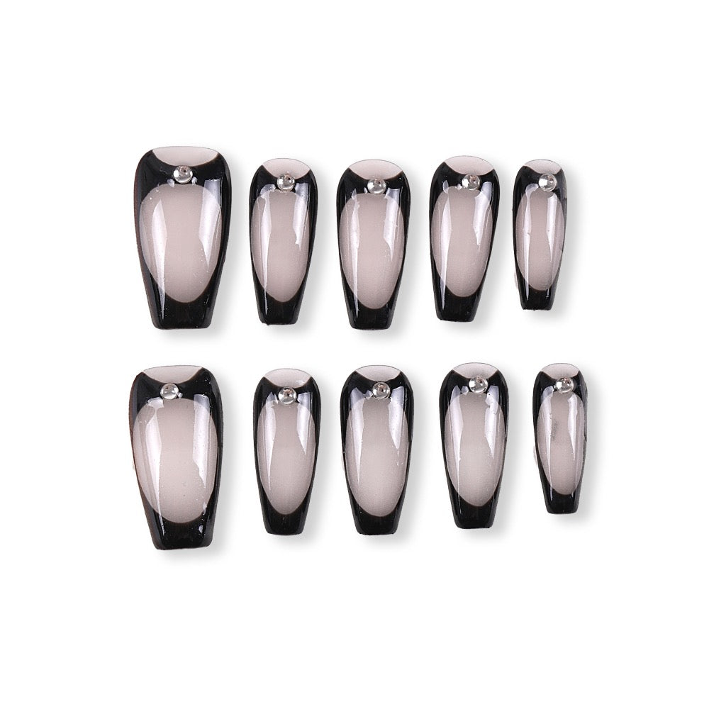 365Nails Smoky Nude with Glossy Black Outline French, Mirror Dew-Drop Minimal Press-On Nails