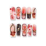 Cherry Cocoa French Press-On Nails | Amber Petals & Gold Studs, 10pcs