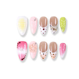 365Nails French Jelly Press-On Nails Nude-Pink Green Mix Dots Bow Rhinestone Glossy Daily Chic