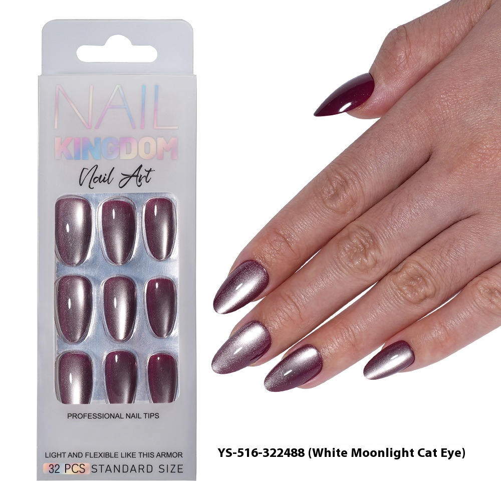 Nail Tips New press on nails Small Light Bulb Cat's Eye 32 Pieces Boxed Prefabricated Nail Pieces Removable Almond White Moonlight Patch Nail Art