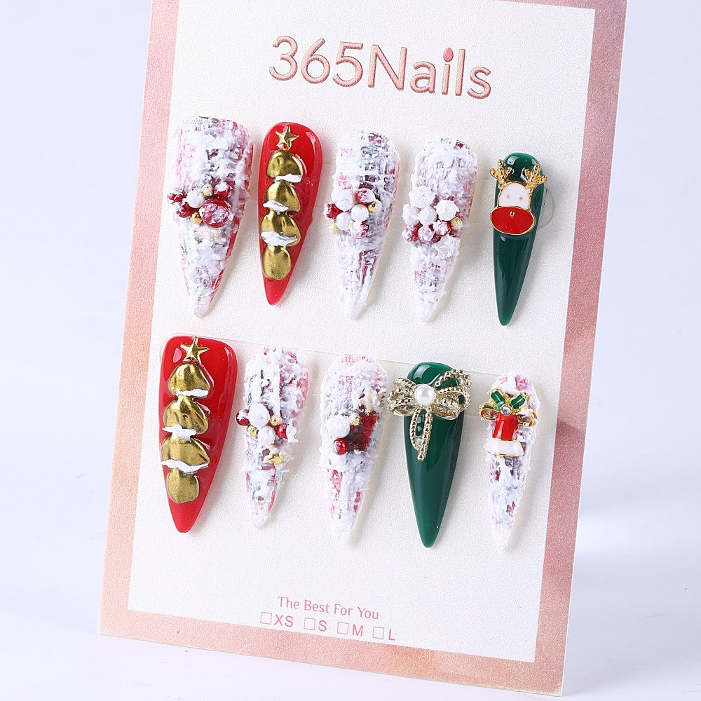Christmas snow scene long pointed red and green with gold bells press on nails