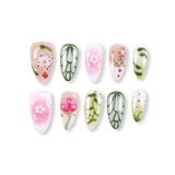 365Nails Matcha-Pink Sakura with Green Vines French Press-On Nails