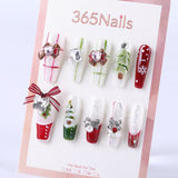Christmas Silver Snow Gift Box Bow Medium Coffin Shape press on nail