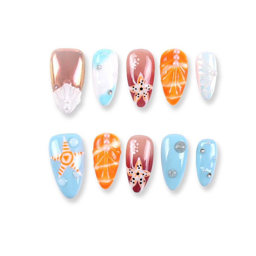 365Nails Sea-Salt Blue & Coral Orange Beach Set with Hand-Painted Starfish, Shell Lines, and Pearl Dew Drops Press-On Nails