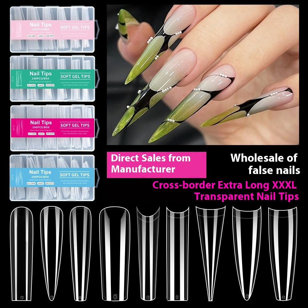Nail Tips semi-full sticker, light sticker, extended water pipe nail 240 pieces XXXL thin dog transparent manicure patch fake nail