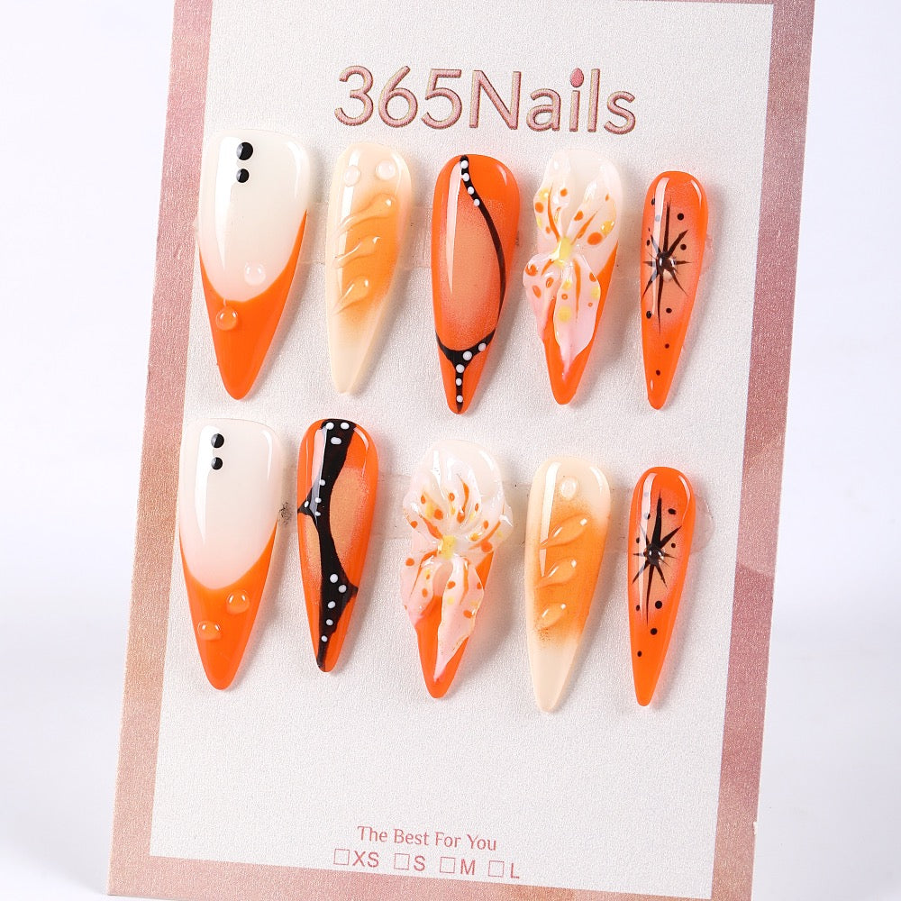 365Nails Orange Soda Ombre with Black-Edged French and Starburst Petal Accents Press-On Nails
