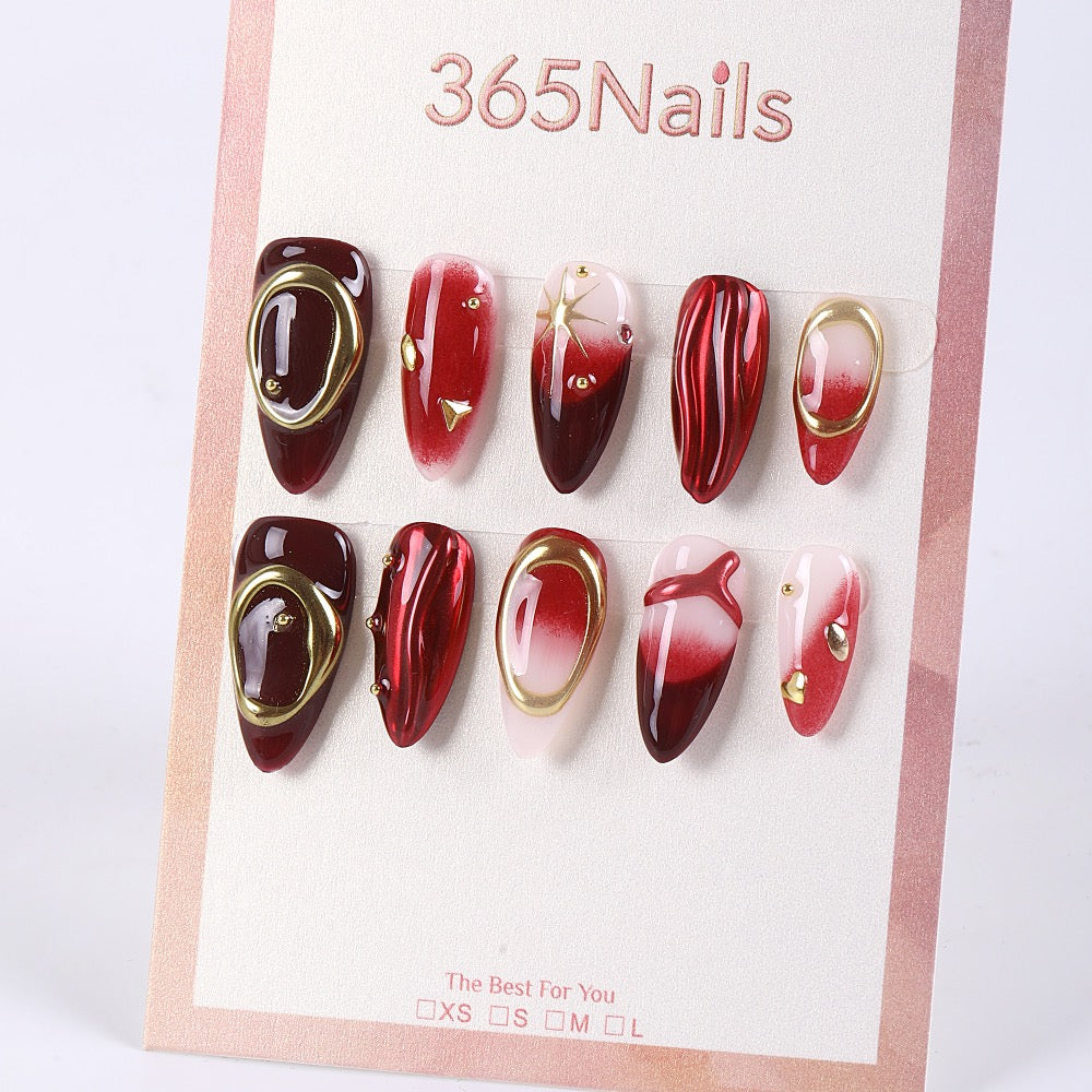 365Nails Red Gradient Almond Press-On Nails with Gold AccentsSold in packs of 5. Minimum order: 1 pack (5 pcs). Quantity = number of packs. Qty 1 = 5 pcs
