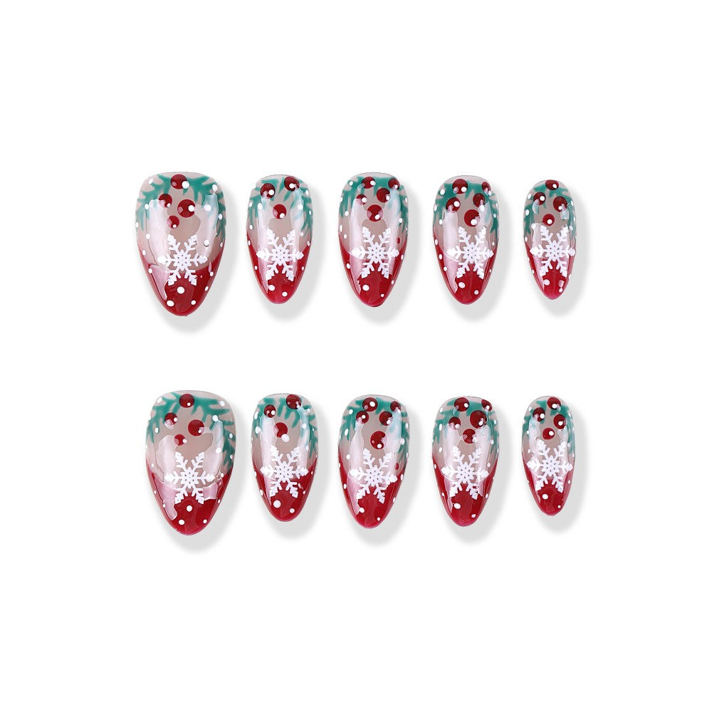 Christmas Snowflake Berry Wreath Medium Almond Clear Red and Green Hand Painted press on nail