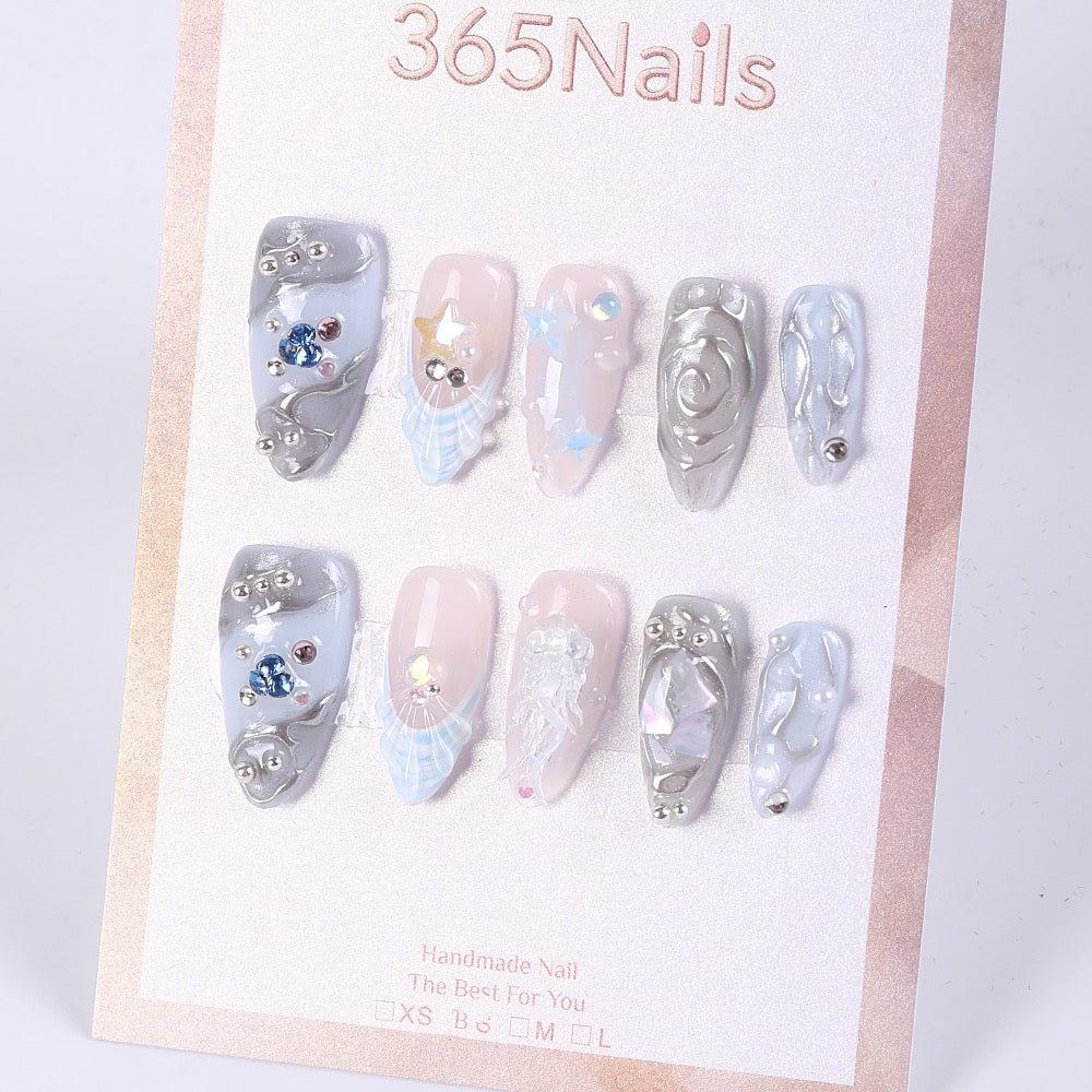365Nails Icy Blue Seashell Rhinestone Mixed Press-Ons