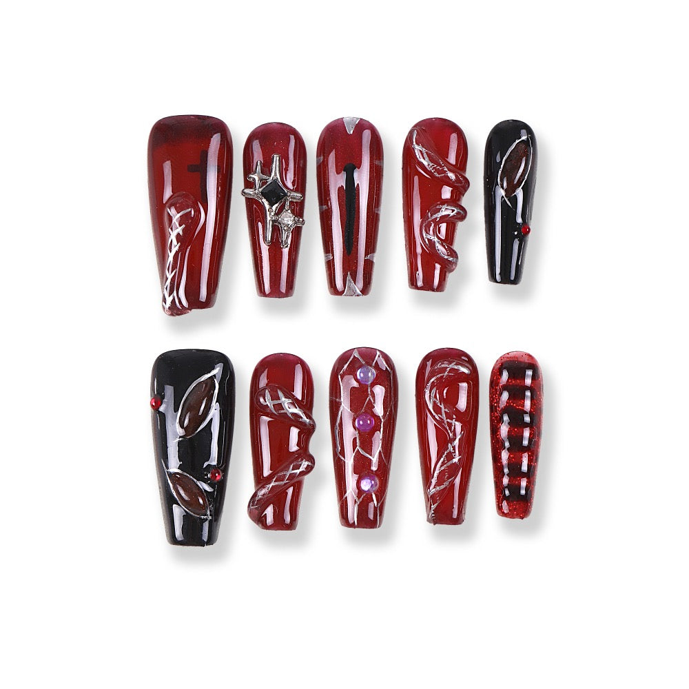 365Nails Crimson Night Press-On Nails with Jelly Burgundy, Chain Swirls and Onyx Contrast