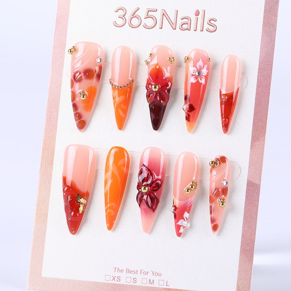Sunset blooming orange-red 3D flower super long pointed press on nail