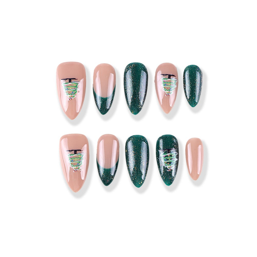 Dark green shimmering French Christmas tree medium almond press on nails
