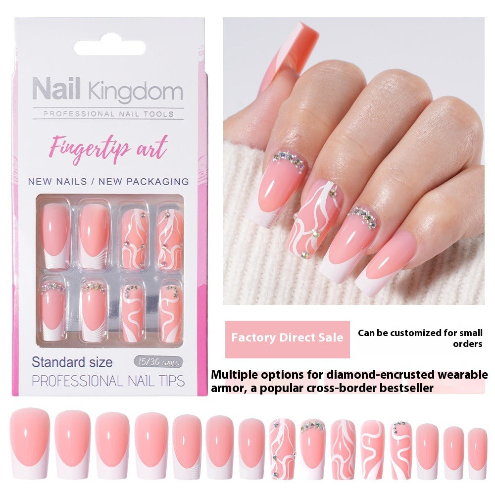 Press on nails Advanced Sense French White Powder with Drill Finished Wearable Nail Removable Prefabricated Patch Nail Art