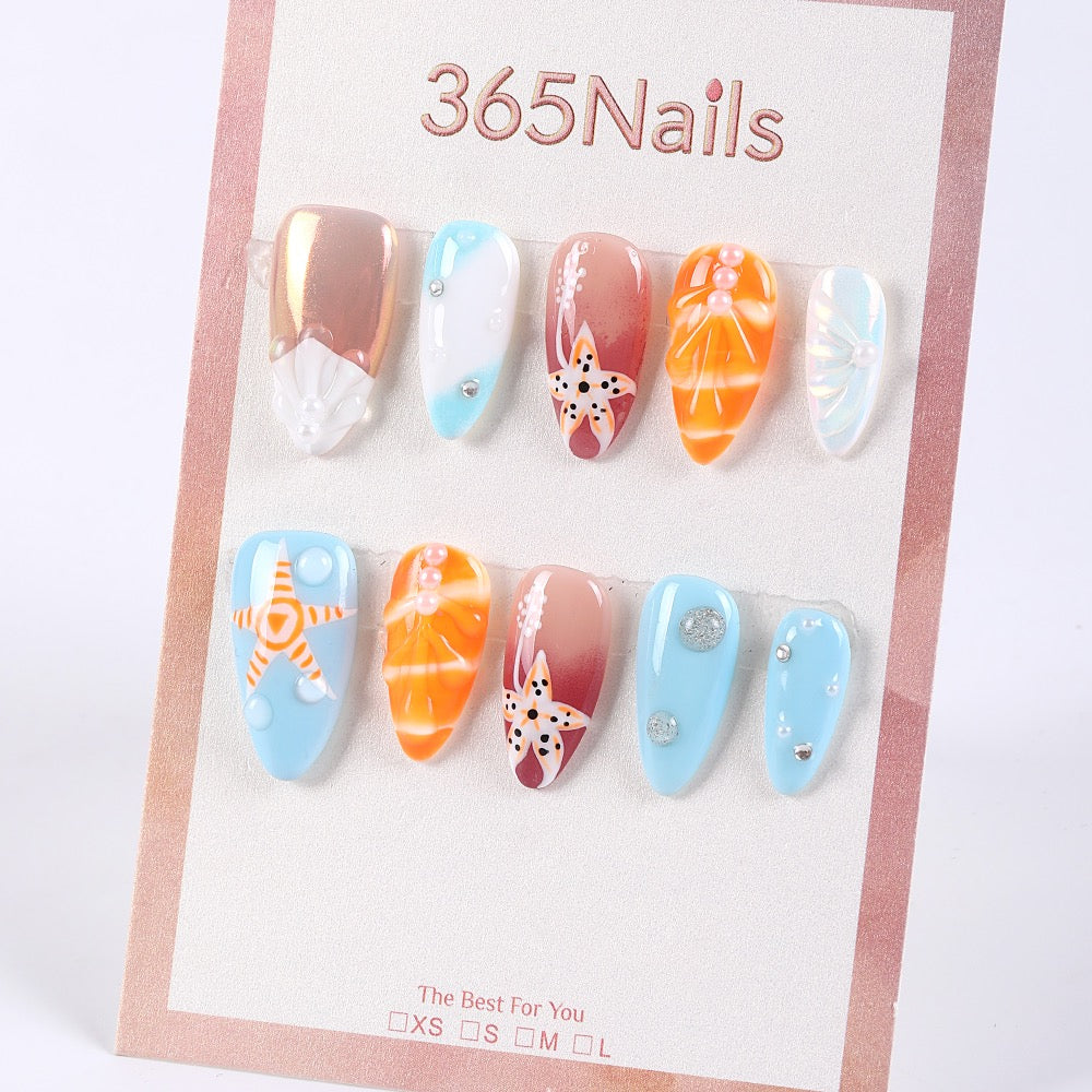 365Nails Sea-Salt Blue & Coral Orange Beach Set with Hand-Painted Starfish, Shell Lines, and Pearl Dew Drops Press-On Nails