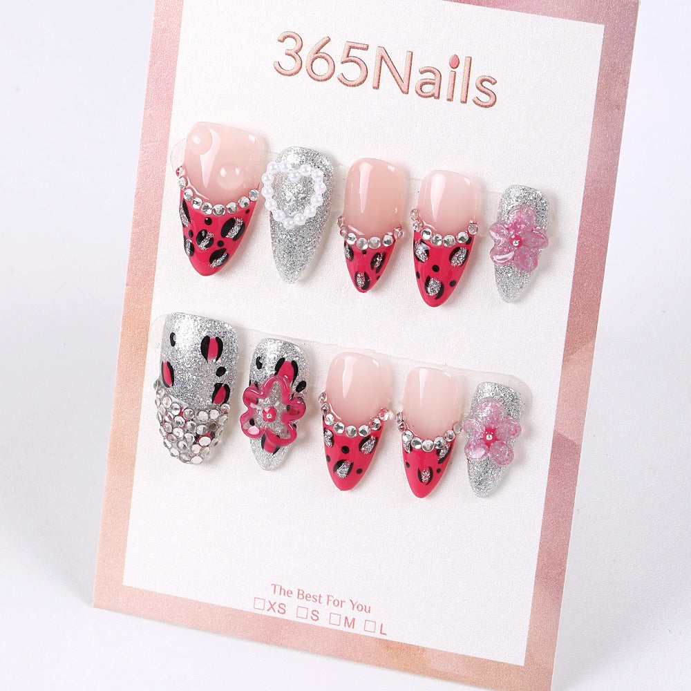 365Nails Sweet-Edgy Watermelon Red Press-On Nails Silver Glitter French V Leopard Accents with Rhinestones & Jelly Flowers
