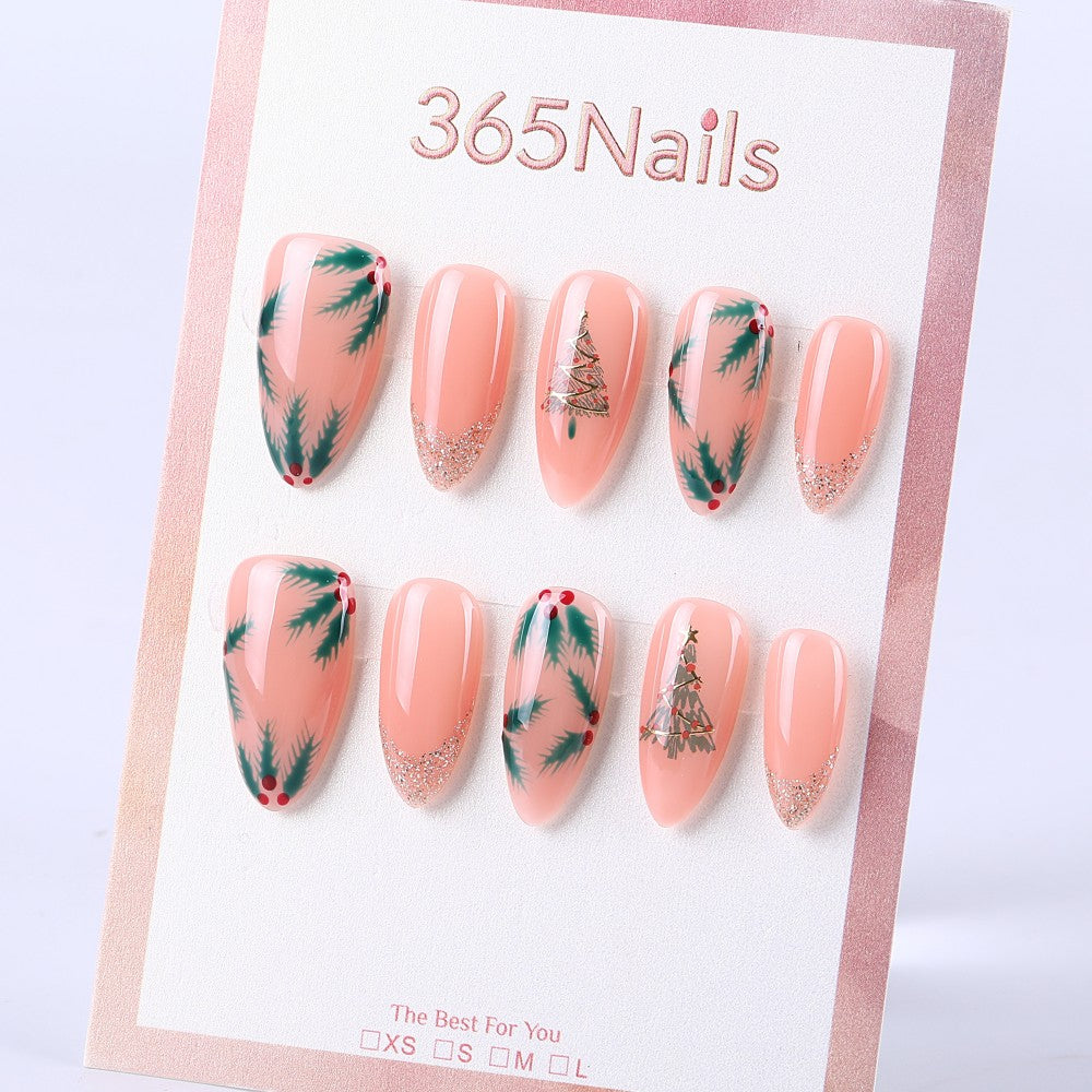 Nude pink pine branch snowberry French medium almond glitter Christmas tree press on nail
