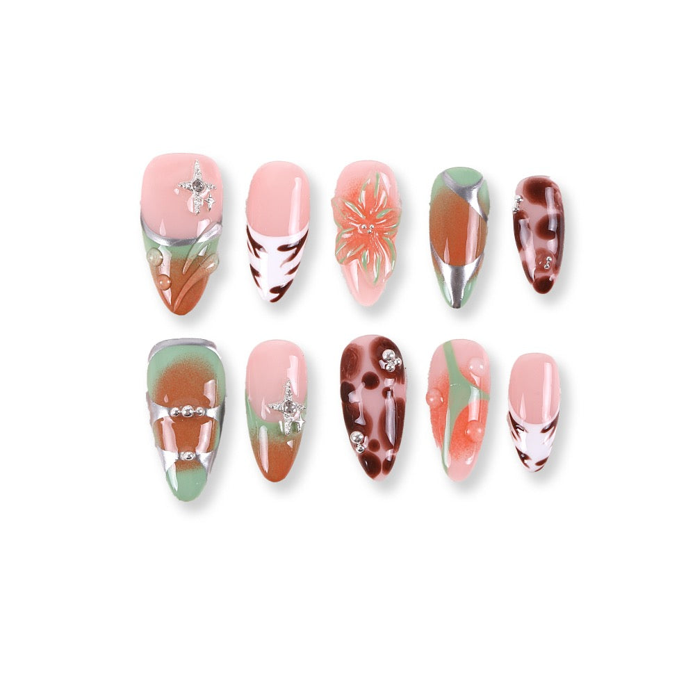 365nails nude base green-brown mix leopard & floral almond press-ons