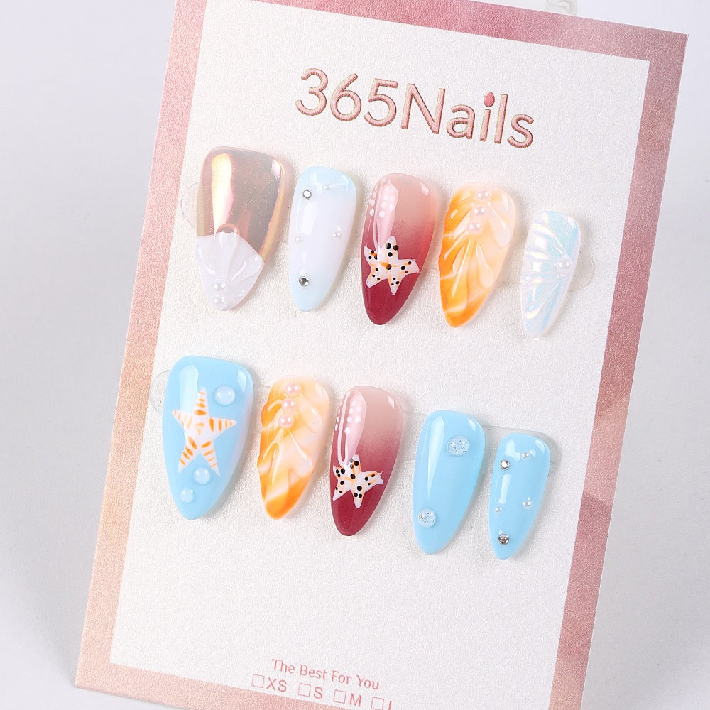 Coral Starfish Summer Press-On Nails | Sea-Salt Blue × Sunset Orange × Wine Gradient, Shell Carving & Rhinestones, 10pcs