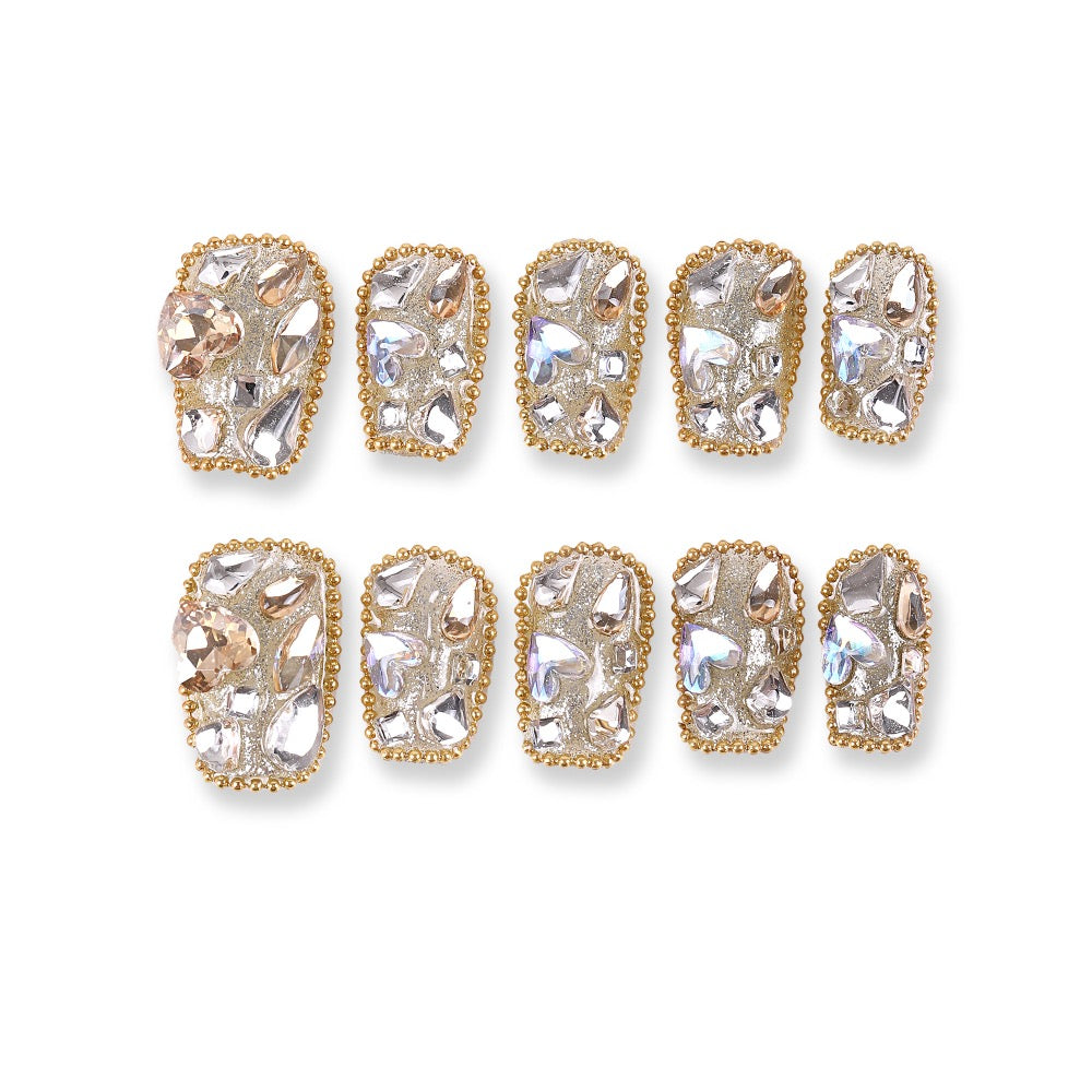 365Nails Gold Textured Base with Full Crystal Shards — Lux Bling Short‑Medium Squoval Press‑Ons
