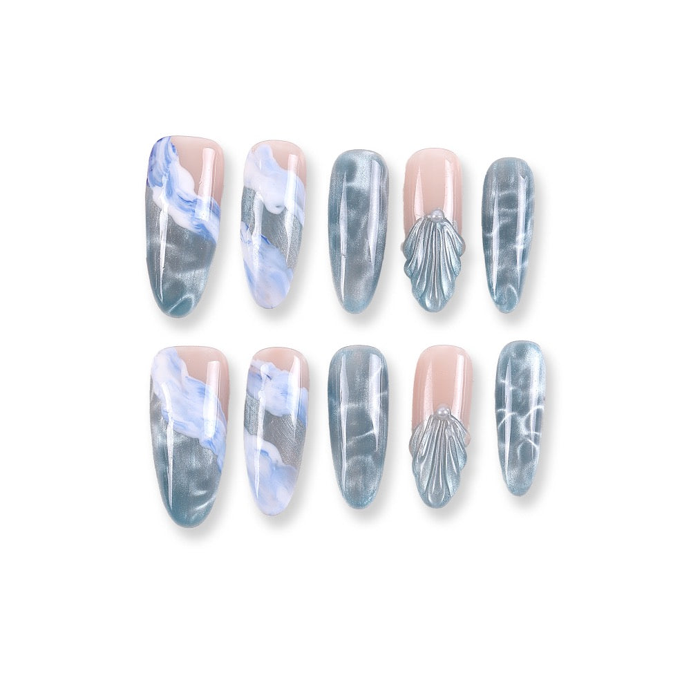 365nails sea‑salt blue water ripple with shell pearls press‑onsSold in packs of 5. Minimum order: 1 pack (5 pcs). Quantity = number of packs. Qty 1 = 5 pcs