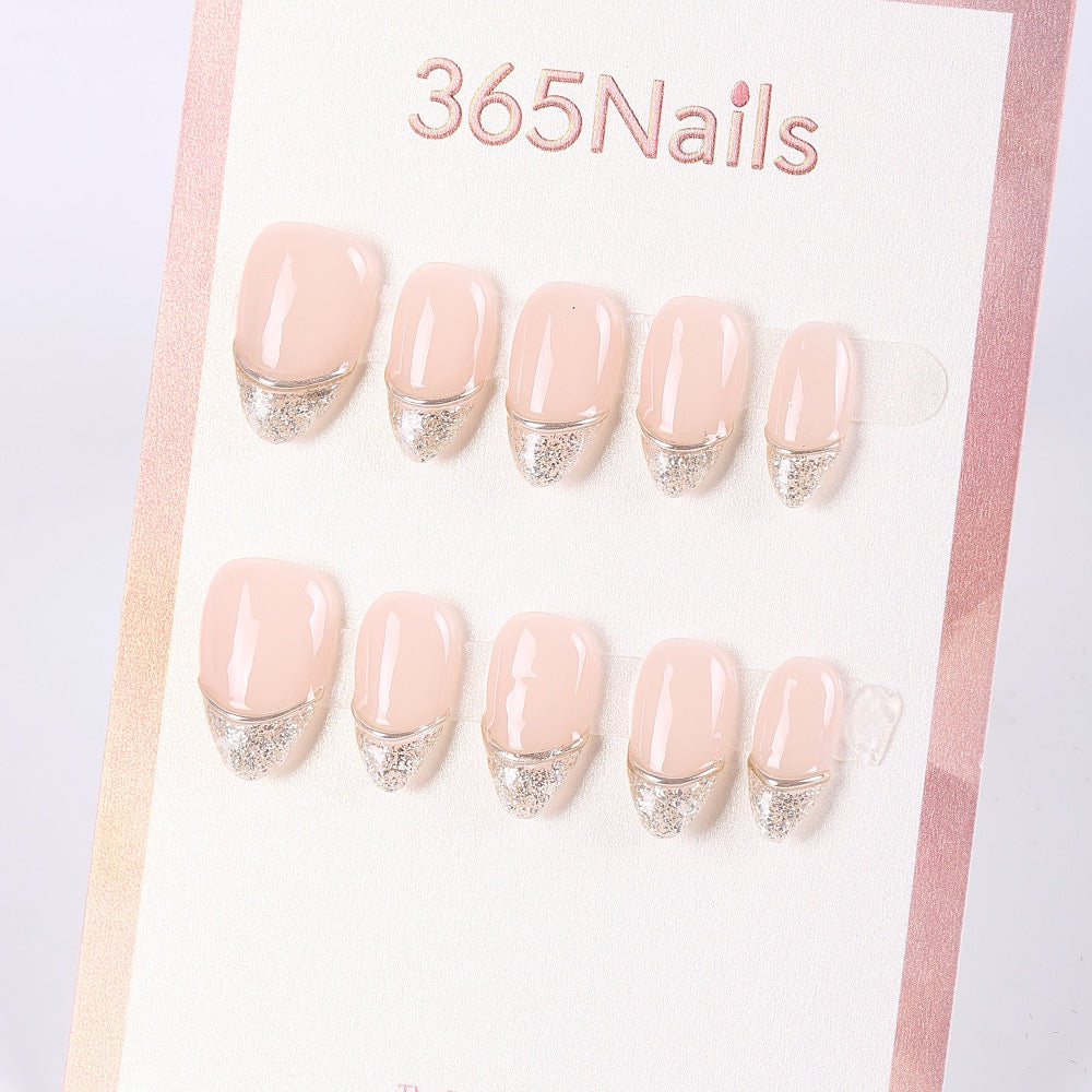 365Nails Rosa Nude Transparente con Purpurina Champán, Media Luna Francesa – Elegantes Uñas Postizas Cortas Ovaladas y Cuadradas