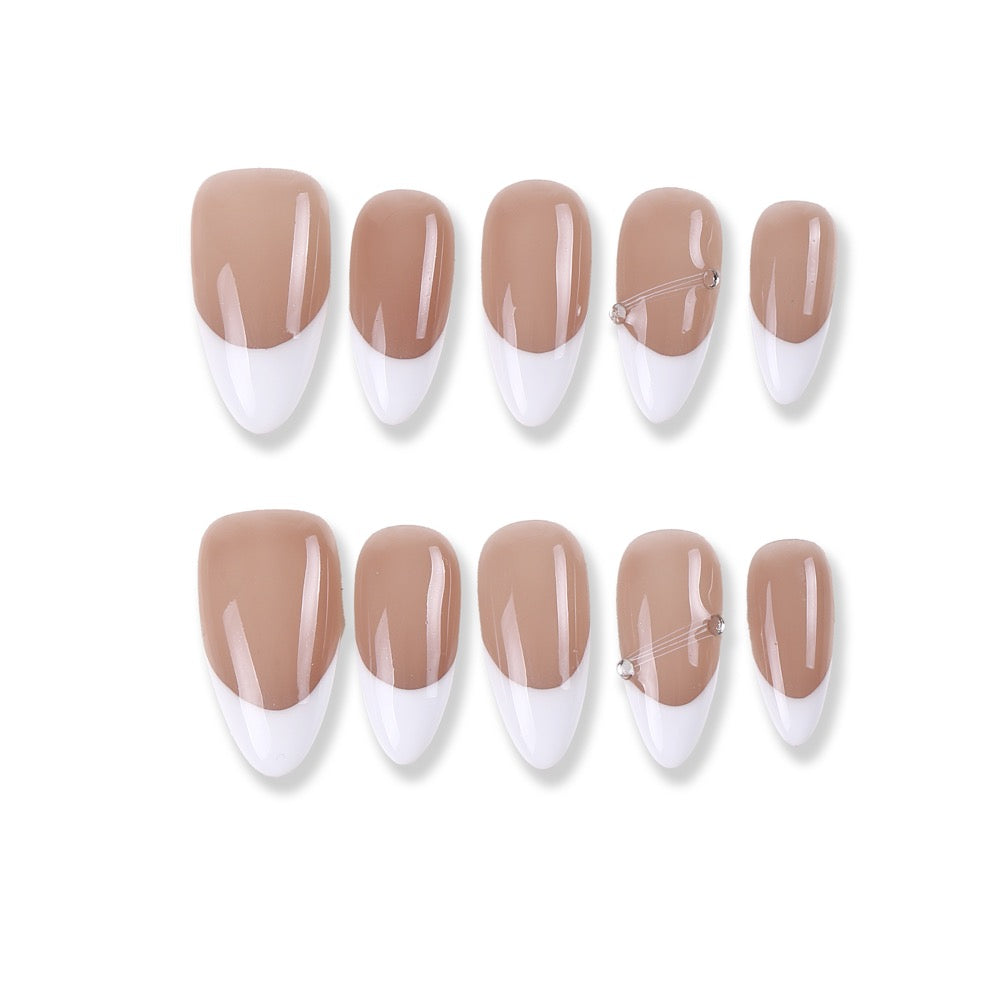 365Nails Nude Coffee V-French Press-On Nails with Subtle Rhinestone Accents