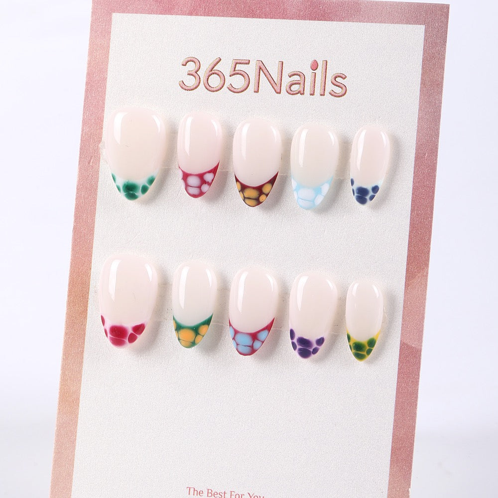 365Nails Base de Jalea Milky con Puntas Francesas de "Gominola Granulada" de Colores – Uñas Postizas Ovaladas-Almendradas Medias y Divertidas