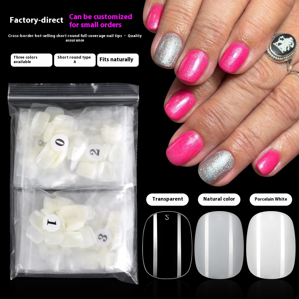 Nail Tips New short round nail piece, bagged short full sticker transparent fake nail manicure, hand-worn nail short square round nail piece