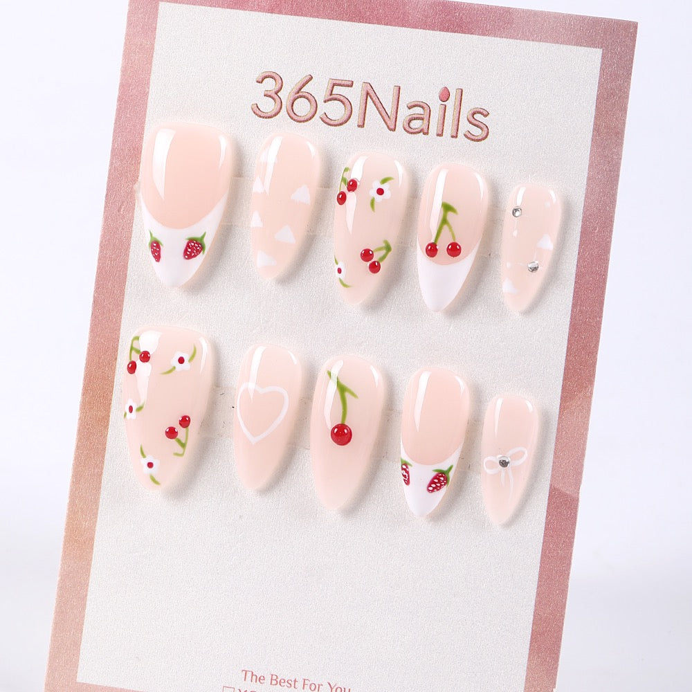 365Nails Sheer Nude Pink French with Hand-Painted Cherries, Strawberries and Daisies – Sweet Almond Press-On Nails