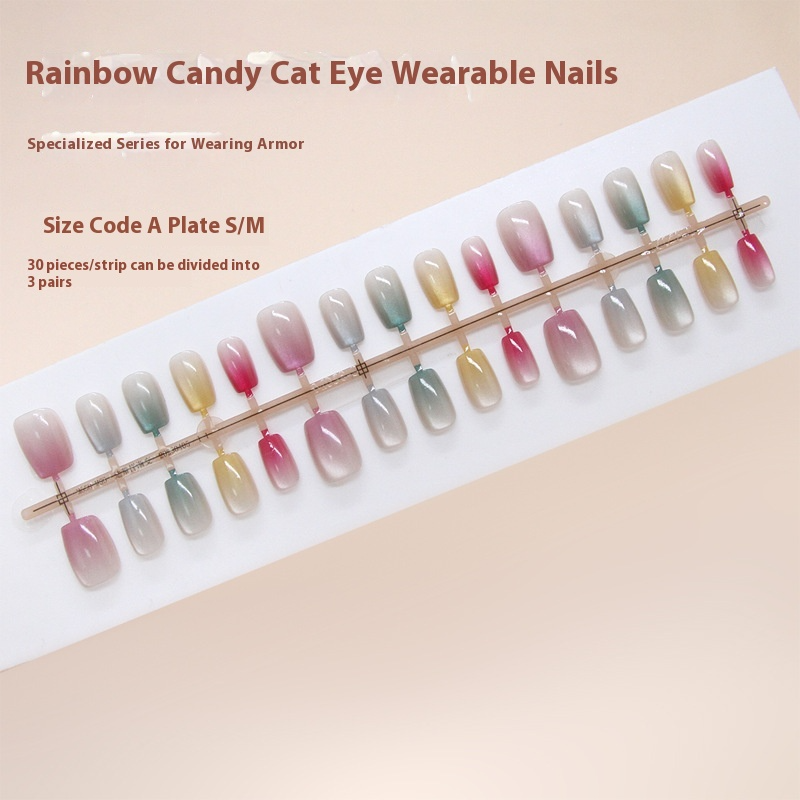 Nail Tips Press On Nails Cat Eye Rainbow Korean Cute Dopamine Girl Feeling Ins Style Removable Manicure 30pcs