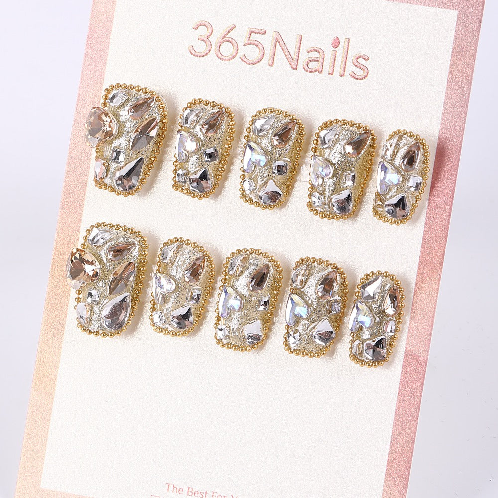 365Nails Gold Textured Base with Full Crystal Shards — Lux Bling Short‑Medium Squoval Press‑Ons