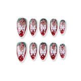 Christmas Snowflake Berry Wreath Medium Almond Clear Red and Green Hand Painted press on nail