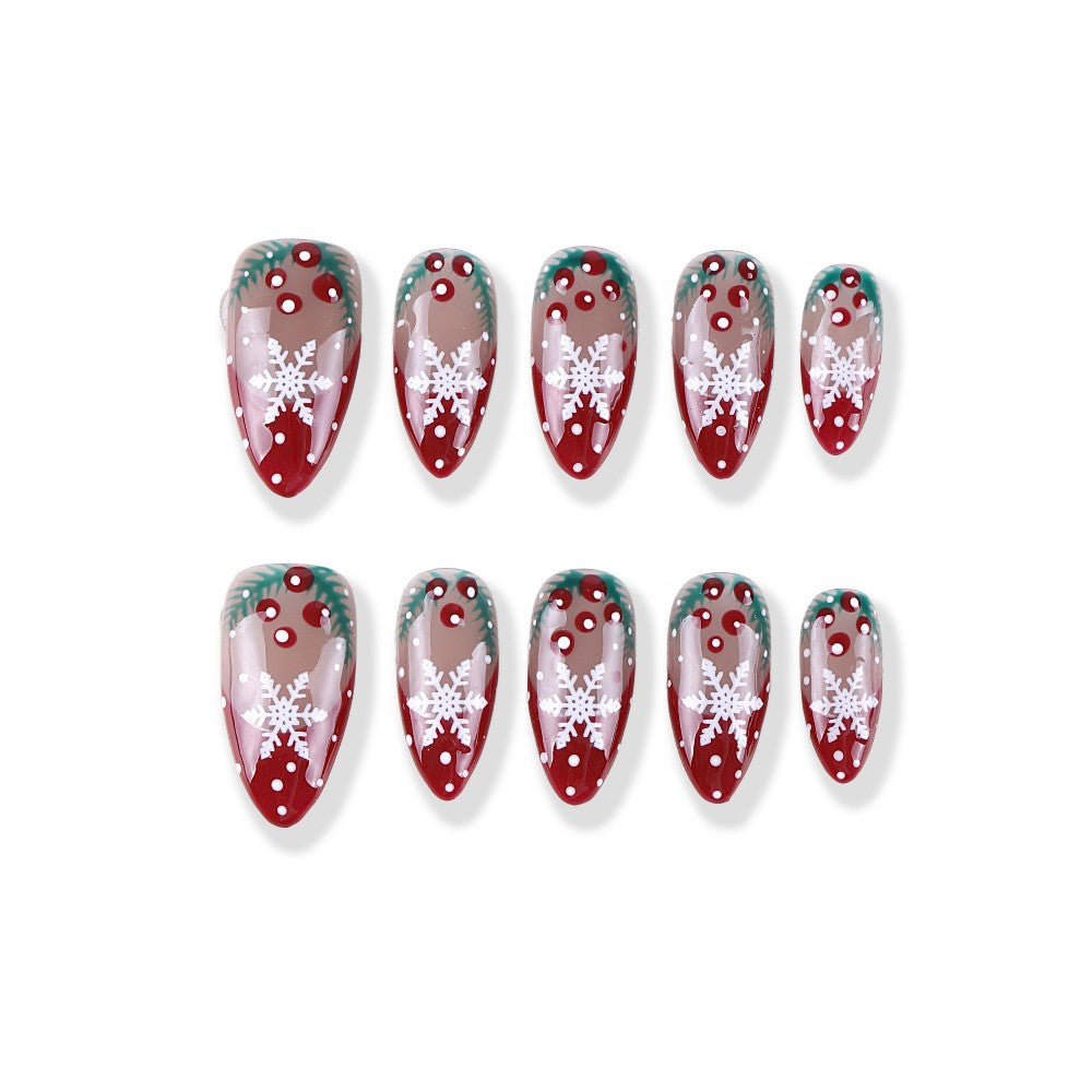 Christmas Snowflake Berry Wreath Medium Almond Clear Red and Green Hand Painted press on nail