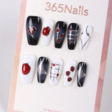 365Nails Monochrome Press-On Nails with Red Glass Drops and Grid Lines