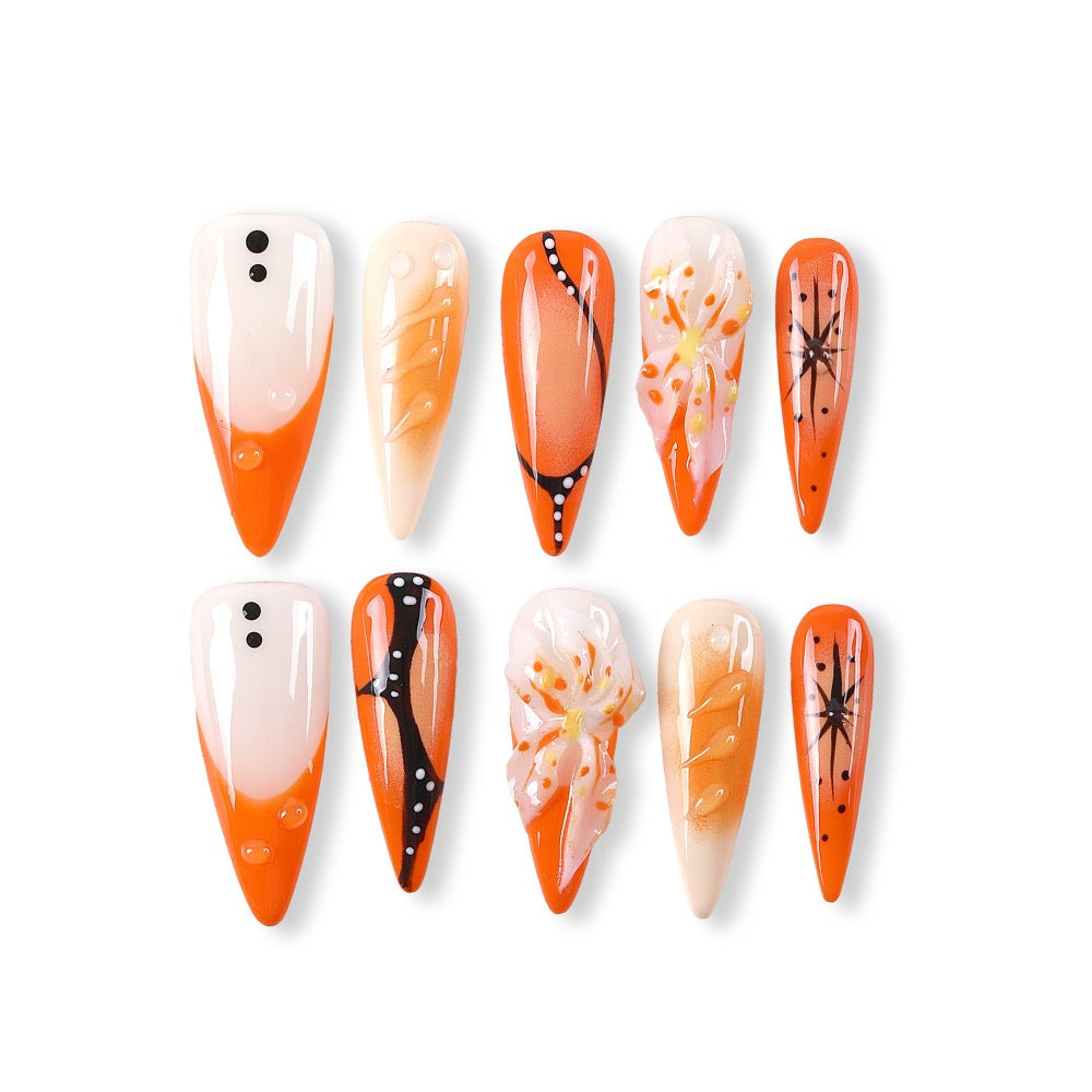 365Nails Orange Soda Ombre with Black-Edged French and Starburst Petal Accents Press-On Nails