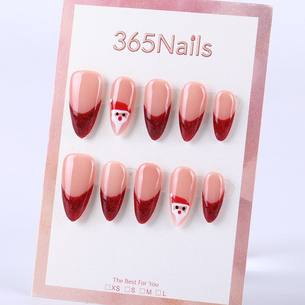 Burgundy French Santa Claus Medium Almond press on nail
