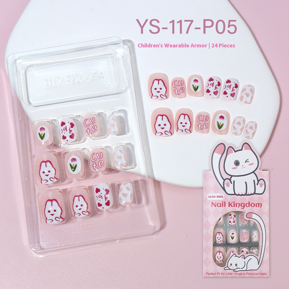 Children press on nails, cartoon 24-piece boxed finished product, sweet and cute children's removable fake nail patch manicure