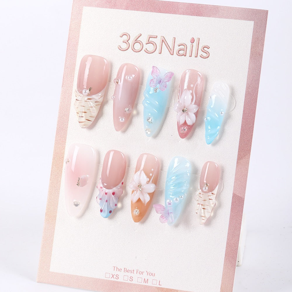365Nails Sugary Pink-Blue Jelly Butterfly Blossom 3D Press-Ons
