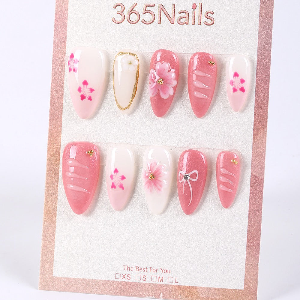 365Nails Sakura Peach Pink with 3D Petals, Ribbon Lines and Gold-Edged Accents – Sweet Medium Almond Press-On Nails