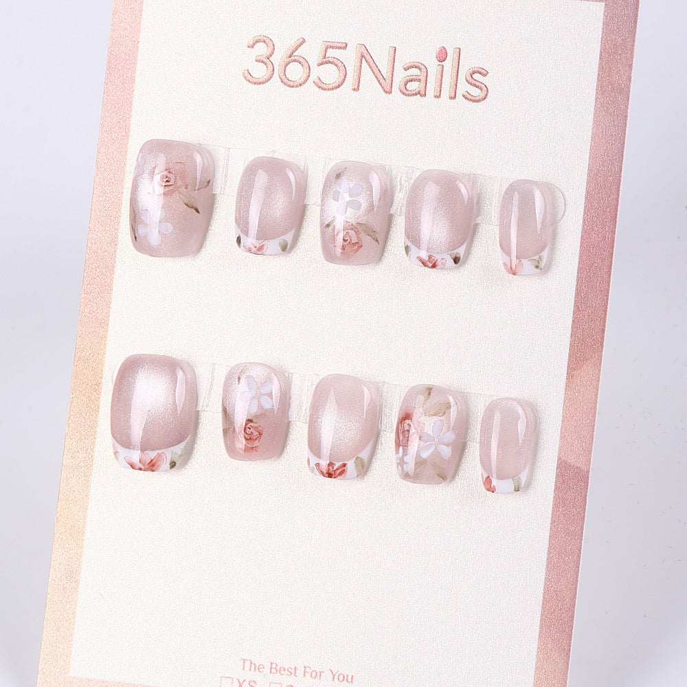365Nails Nude Pink Floral French Pearl-Toe Press-Ons