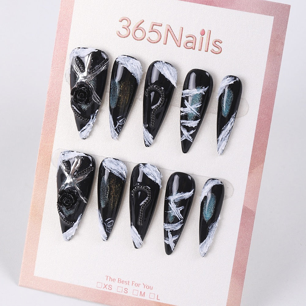 365Nails Midnight Scratch Press-On Nails in Matte Black with Silver Streaks and 3D Rose