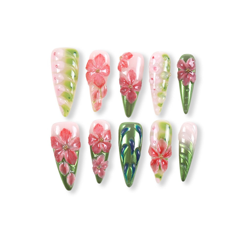 365nails forest jelly florals with leaf sculpt press‑onsSold in packs of 5. Minimum order: 1 pack (5 pcs). Quantity = number of packs. Qty 1 = 5 pcs